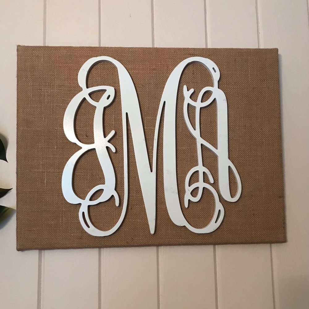 Jma White Wooden Script Monogram On Burlap Canvas Initials Jma Or Jam Monogram